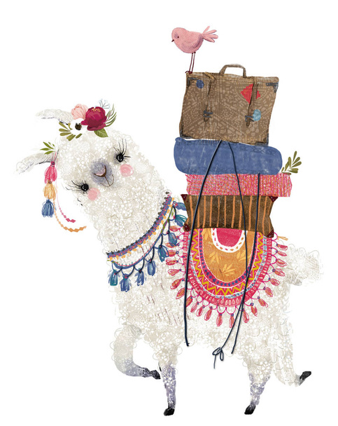 cute cartoon lama with bird and bags - Photo, Image