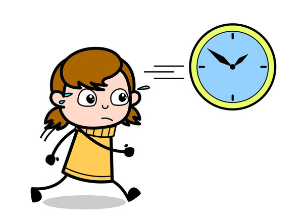 Saat Arkasında Koşu - Retro Karikatür Kız Teen Vector Illust - Vektör, Görsel