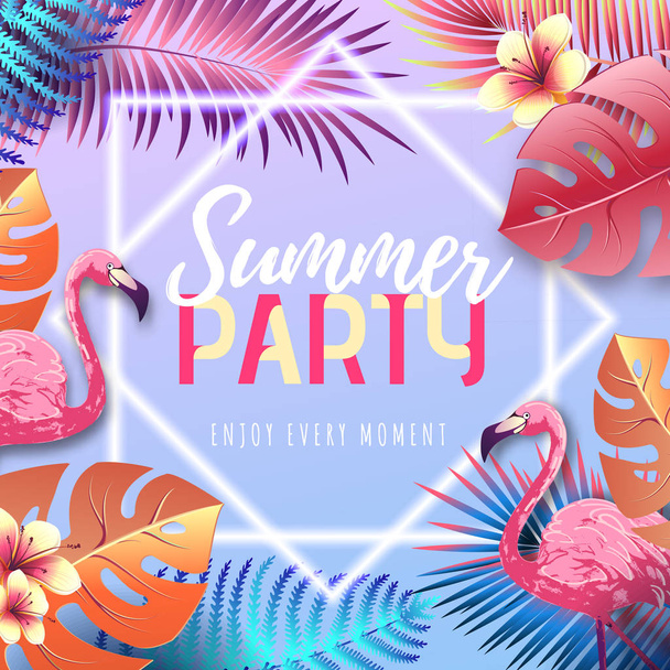 Summer party typography poster with flamingo and fluorescent tropic leaves. Nature concept - Vecteur, image