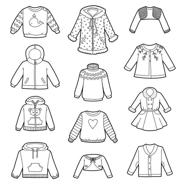 Vector set of shirts, black and white collection of sweaters, jumpers and coats - Vector, Image