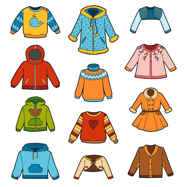 Vector set of shirts, color collection of sweaters, jumpers and coats - Vector, Image