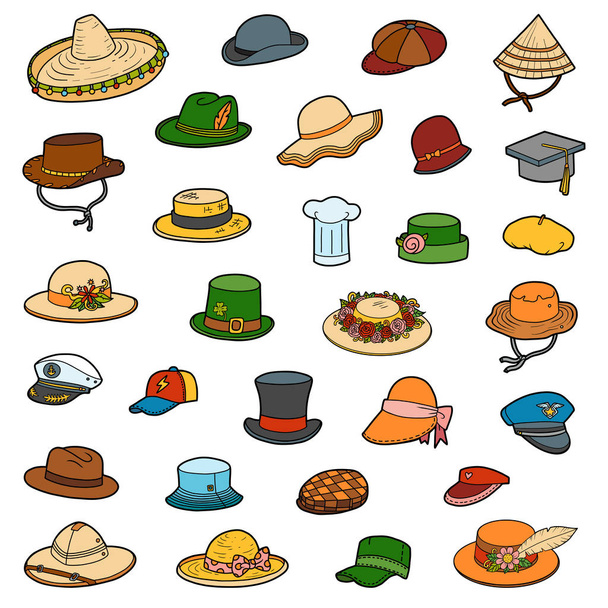 Vector set of hats, color collection of clothes and accessories - Vetor, Imagem