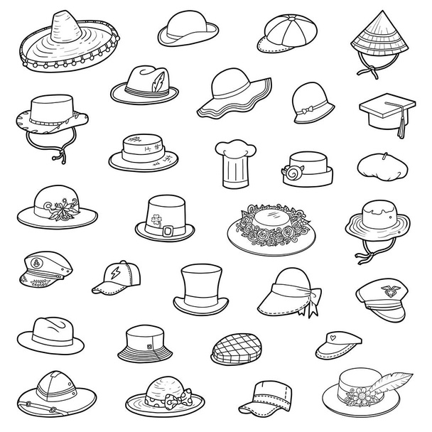 Векторный набор шляп, черно-белая коллекция одежды и аксессуаров
 - Вектор,изображение