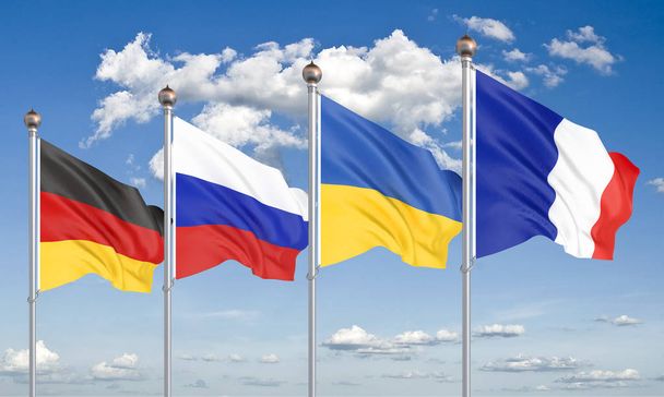 Ranskan, Saksan, Venäjän ja Ukrainan liput. Normandian kokous Itä-Ukrainassa. 3D-kuva taivaalla Taustalla Kuva
 - Valokuva, kuva