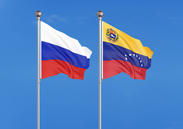 ロシア vs ベネズエラ.ロシアとベネズエラの厚い色の絹のような旗。空の背景イラストに3Dイラスト - 写真・画像