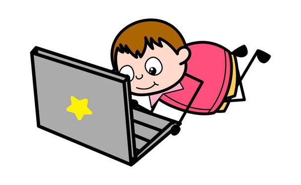Watching Videos on Laptop - Teenager Cartoon Fat Boy Vector Illu - Διάνυσμα, εικόνα