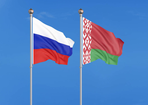 Росія vs Білорусь. Товсті кольорові шовковисте прапори Росії та Білорусі. 3D ілюстрація на тлі Sky ілюстрація - Фото, зображення