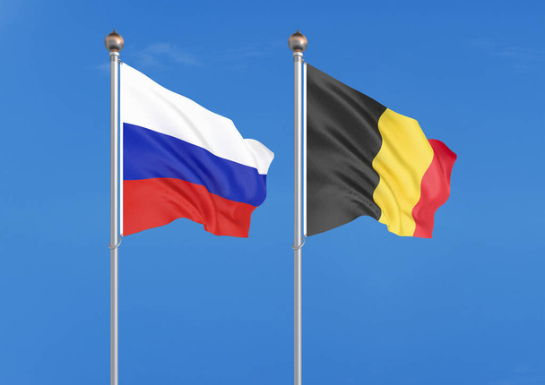 Venäjä vastaan Belgia. Paksuja silkkisiä lippuja Venäjältä ja Belgiasta. 3D-kuva taivaalla Taustalla Kuva
 - Valokuva, kuva
