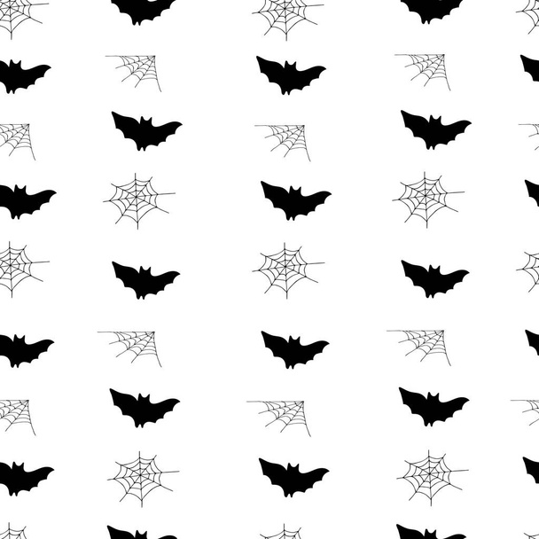 Dynamic background of bats and cobwebs black hand draw vector. Vector hand drawing. Background to create mood on samhain. Monochrome minimalistic motif for designs. - Вектор, зображення