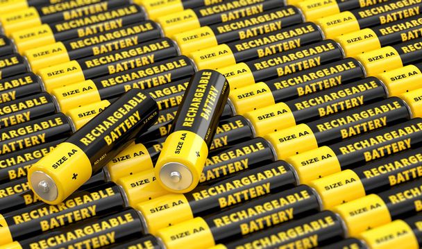 Rows of generic AA batteries with the label 'Rechargeable Battery' - 3D Rendering - Fotoğraf, Görsel
