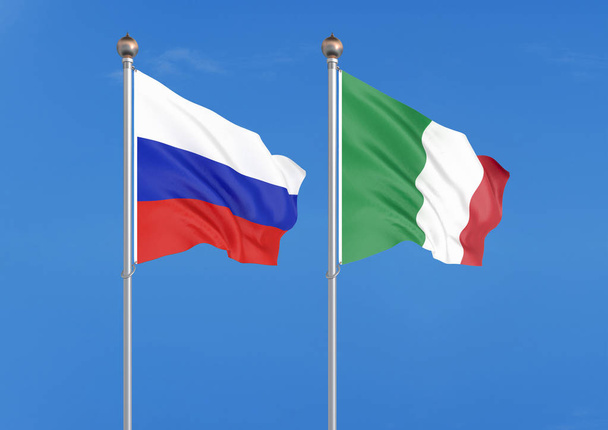 Venäjä vastaan Italia. Paksuja silkkisiä lippuja Venäjältä ja Italiasta. 3D-kuva taivaalla Taustalla Kuva
 - Valokuva, kuva