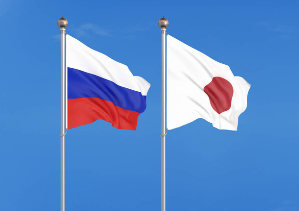 Russia vs Japan. Thick colored silky flags of Russia and Japan. 3D illustration on sky background  Illustration - Photo, Image