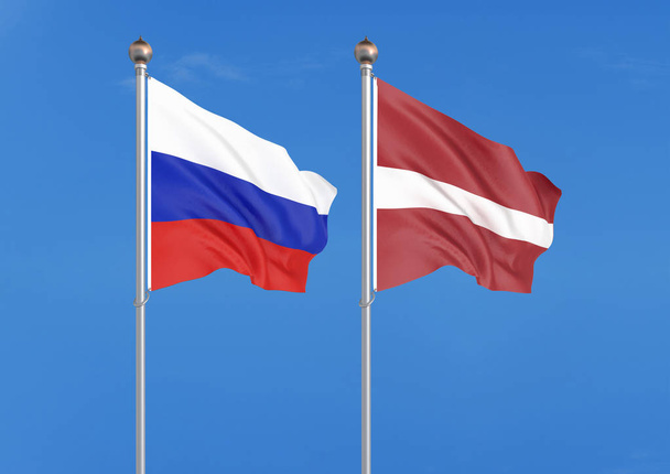 Росія vs Латвія. Товсті кольорові шовковисте прапори Росії та Латвії. 3D ілюстрація на тлі Sky ілюстрація - Фото, зображення