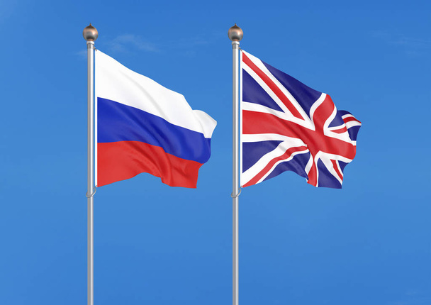 ロシア vs イギリス.ロシアとイギリスの厚い色の絹のような旗。空の背景イラストに3Dイラスト - 写真・画像