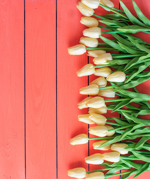 Strauß biege Tulpen auf orangefarbenem oder korallenfarbenem Holzgrund. Ansicht von oben, Kopierraum - Foto, Bild