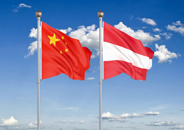 China gegen Österreich. dicke farbige seidene Flaggen der Europäischen Union und Belgiens. 3D Illustration auf Himmel Hintergrund Illustration - Foto, Bild