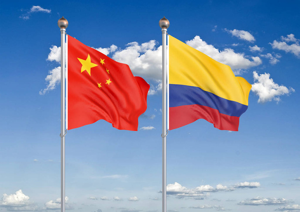 Kiina vastaan Kolumbia. Paksu värillinen silkkinen lippuja Euroopan unionin ja Uruguayn. 3D-kuva taivaalla Taustalla Kuva
 - Valokuva, kuva