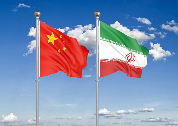 China VS Iran. Dikke gekleurde zijdeachtige vlaggen van de Europese Unie en Uruguay. 3D-illustratie op hemel achtergrond illustratie - Foto, afbeelding