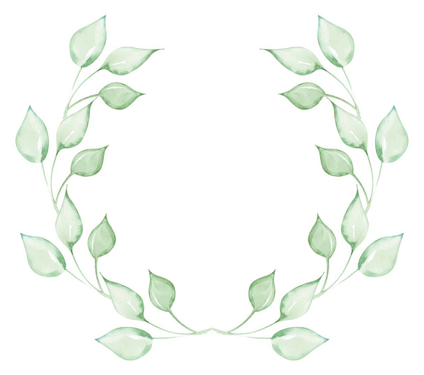 Ilustración de acuarela dibujo elementos decorativos de plantas verdes y hojas en forma de marcos sobre un fondo blanco aislado
. - Foto, Imagen