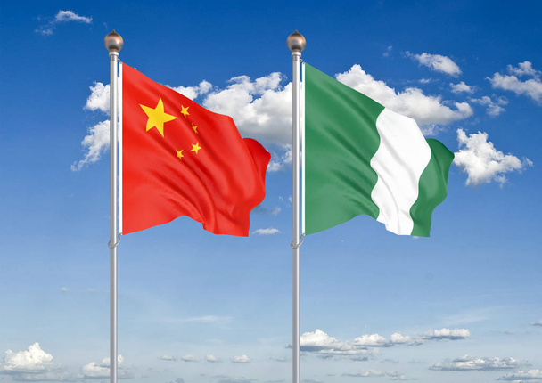 China gegen Nigeria. dicke farbige seidene Flaggen der Europäischen Union und Uruguay. 3D Illustration auf Himmel Hintergrund Illustration - Foto, Bild