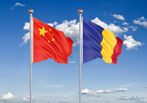 中国 vs ルーマニア.欧州連合とベルギーの厚い色の絹のような旗。空の背景イラストに3Dイラスト - 写真・画像