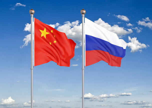 中国 vs ロシア.欧州連合とベルギーの厚い色の絹のような旗。空の背景イラストに3Dイラスト - 写真・画像