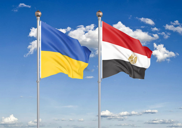 Ukraine gegen Ägypten. dicke farbige seidene Flaggen der Ukraine und Ägyptens. 3D Illustration auf Himmel Hintergrund Illustration - Foto, Bild