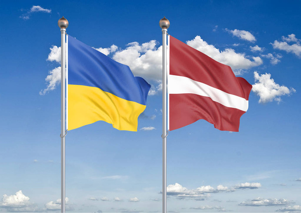 Ukraine gegen Lettland. dicke farbige seidene Flaggen der Ukraine und Lettlands. 3D Illustration auf Himmel Hintergrund Illustration - Foto, Bild