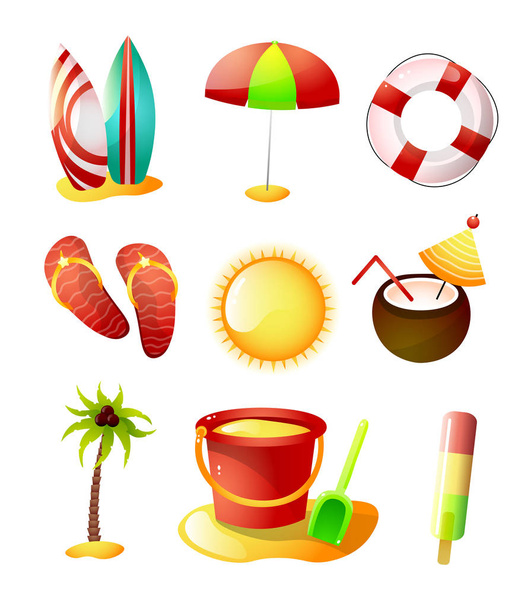 Set of summer time icons, hot sand beach - Vetor, Imagem