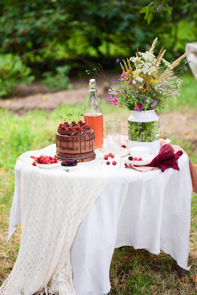 Пікнік на природі зі смачним тортом та закусками
 - Фото, зображення