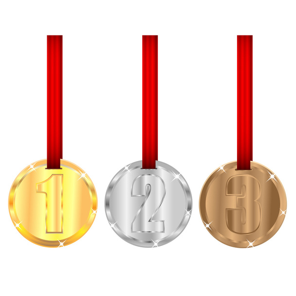 Set of medals with red ribbons isolated on white background - Vector, Image