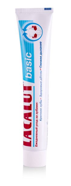 Lacalut reparar y proteger la pasta de dientes sobre fondo blanco
, - Foto, Imagen