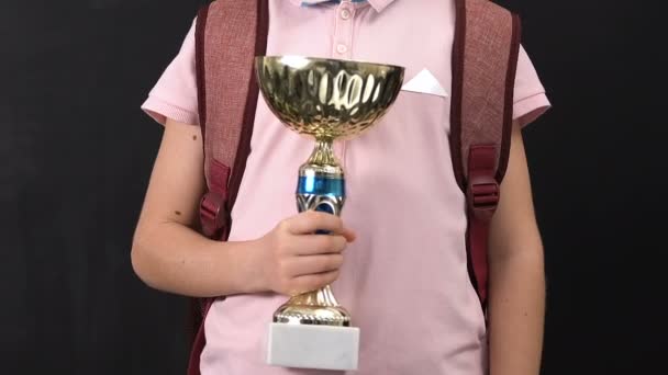 Happy schoolboy with rucksack holding challenge cup, first academic result - Imágenes, Vídeo