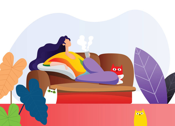 jeune femme couchée sur canapé dans le salon et tenant une tasse de ho
 - Vecteur, image