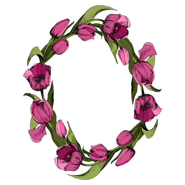 Krans met gekleurde roze tulpen. Floral ovale frame met kleurrijke tulpen. Lente stemming. Illustratie. - Foto, afbeelding