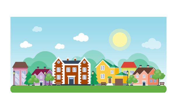 City outdoor day landscape house and street buildings outdoor cityspace disign vector illustration modern flat background - Vector, Image