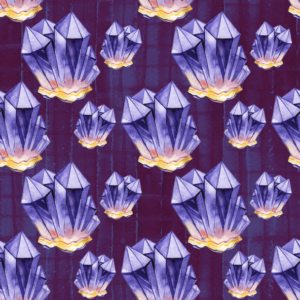 Watercolor crystals in violet colors. Hand drawn seamless pattern - Fotografie, Obrázek