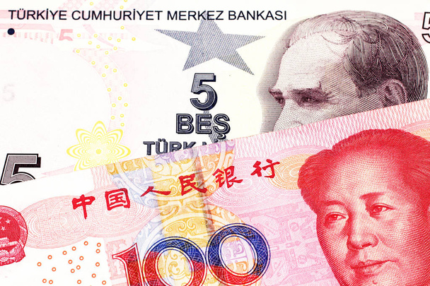 Une image rapprochée d'un billet de banque violet de cinq lires turques avec un billet rouge de cent renminbi chinois en macro
 - Photo, image