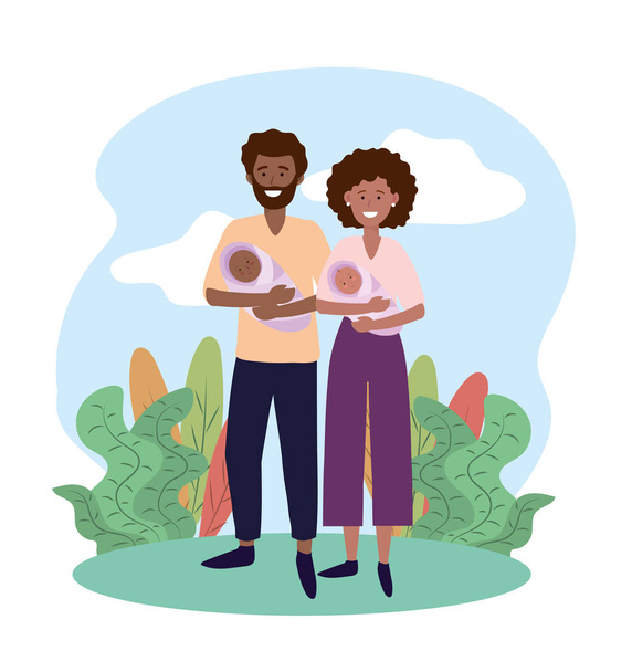 woman and man with theirs cute babies son - Vector, Image