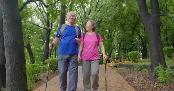 Boldog ázsiai Senior pár a vakáció élvezi a túrázás - Felvétel, videó
