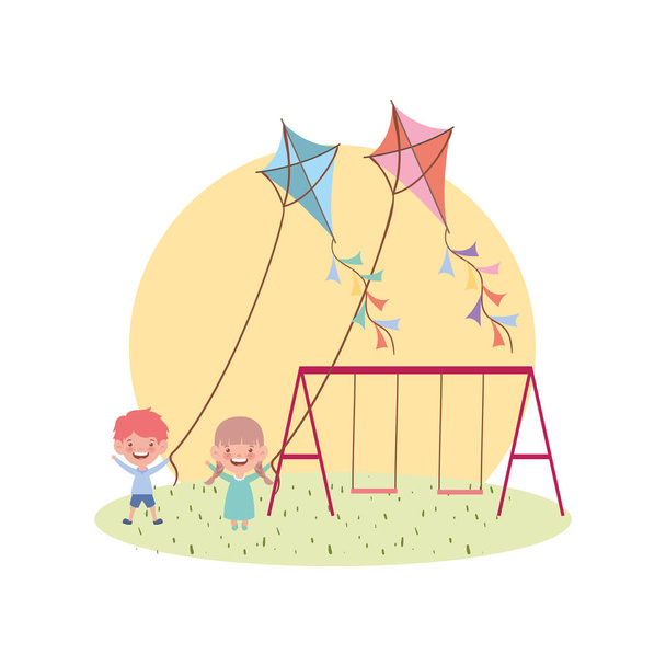 couple baby in swing smiling in landscape - Vector, Image