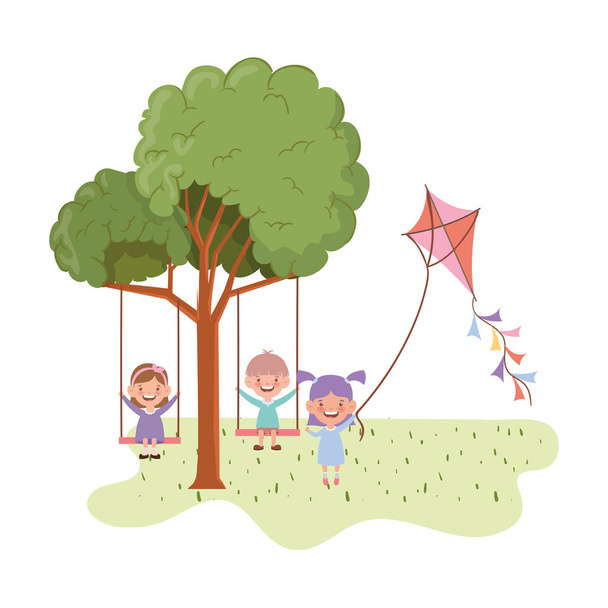 group of baby in swing smiling in landscape - Vector, Image