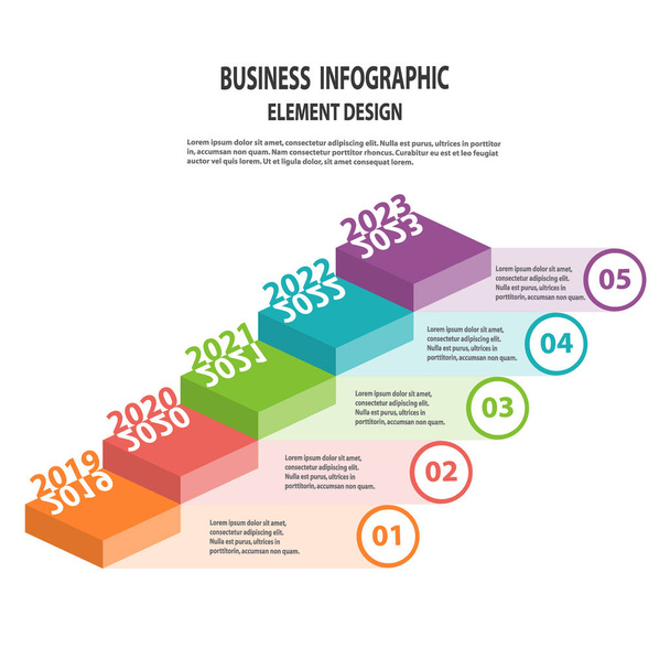 Modelo de negócio de infográficos com etapas anuais para apresentação, previsão de venda, Web design, melhoria, passo a passo
 - Vetor, Imagem