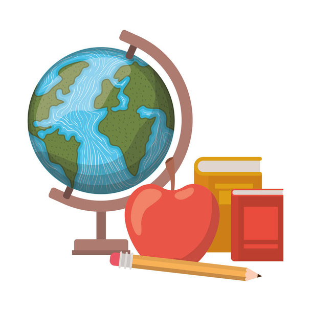 globe terrestre avec des livres et des pommes sur fond blanc
 - Vecteur, image