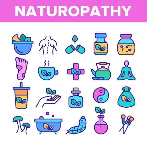 Naturopathy Terapi Vektör Renk Çizgisi Simgeler Seti - Vektör, Görsel