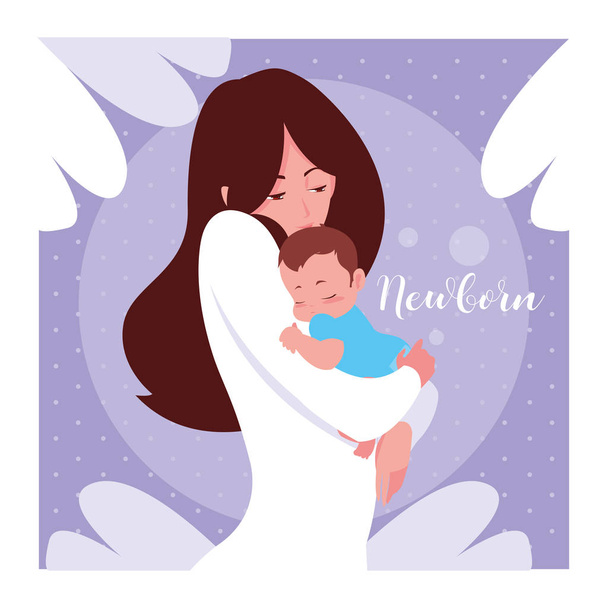 ママとかわいい小さな息子と新生児カード - ベクター画像