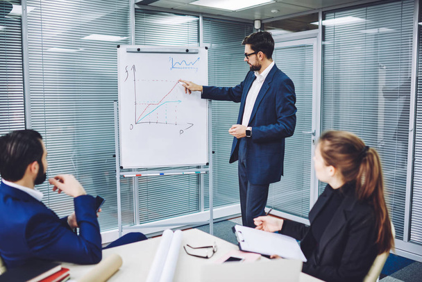Intelligent male leader of company standing near flip chart during presentation for colleagues, business man in elegant formal outfit making speech on economic conference with partners using graphics - Foto, Bild