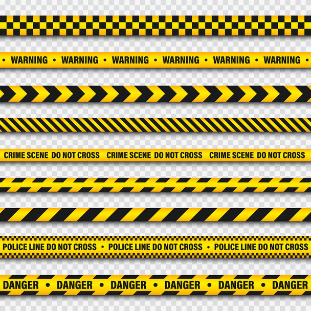 Sárga és fekete barikád építőipari Tape átlátszó háttér. Rendőrségi figyelmeztető vonal. Élénk színű veszélyt vagy veszélyt csíkos. Vektoros illusztráció. - Vektor, kép