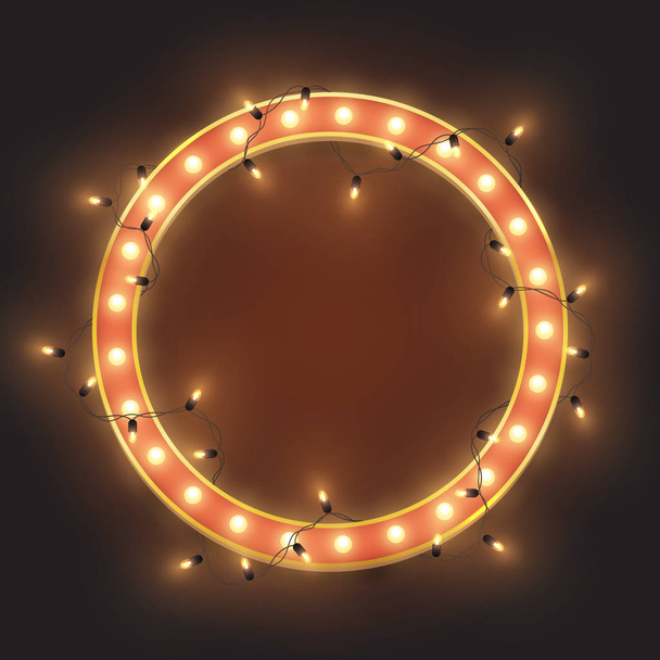 Red retro neon circle frame, led shiny lights garland, vector il - Vecteur, image