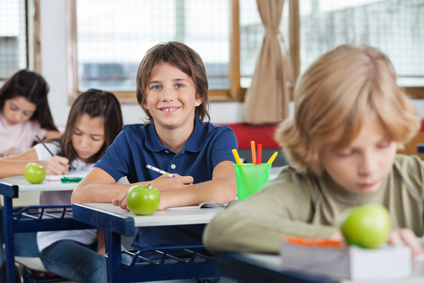 Schoolboy Sitting At Desk With Classmates In A Row - Photo, image